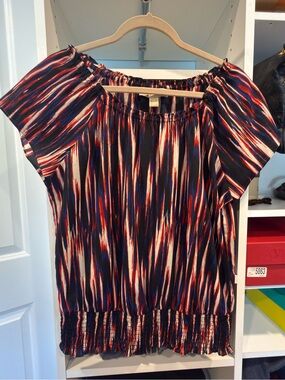 Michael Kors Smocked Hem Abstract Stripe Blouse Size M